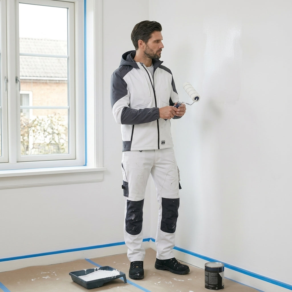 “Schilder in lichte werkkleding die een muur rolt met verf”